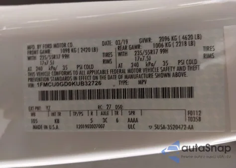 2019 Ford Escape Se z USA, uszkodzony, nr VIN 1FMCU0GD0KUB32726